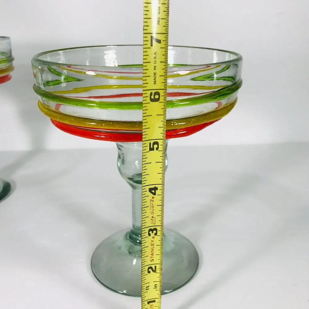 Handblown 2 Mexican Margarita Glasses Raised Striped Cocktail Bar Bubbles